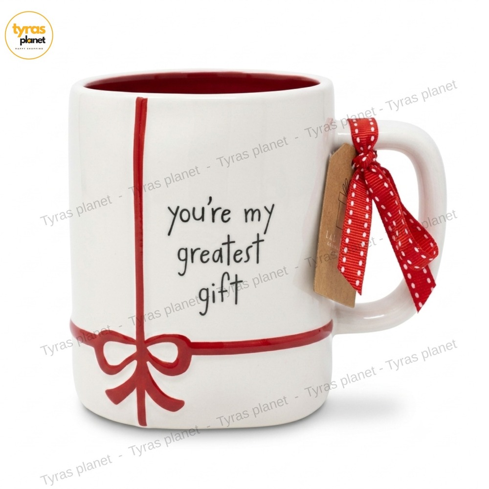 NEW! Rae Dunn "You're my greatest gift" Mug Coffee Cup Large Red Bow Christmas